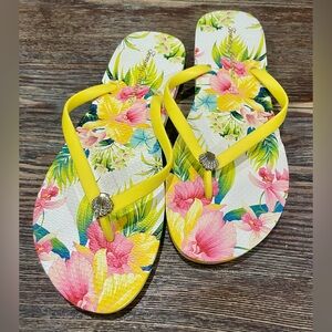 TOMMY BAHAMA Whykiki Yellow Fluer De Lit/Gold Shell Flip Flops - Sz 10B - NWT